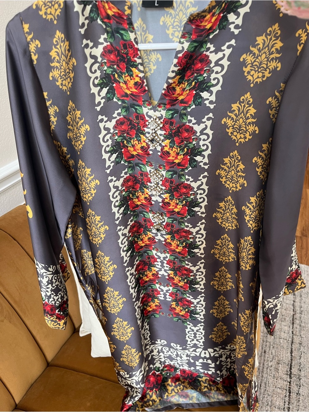 Embroidered Floral Gray V-Neck Tunic